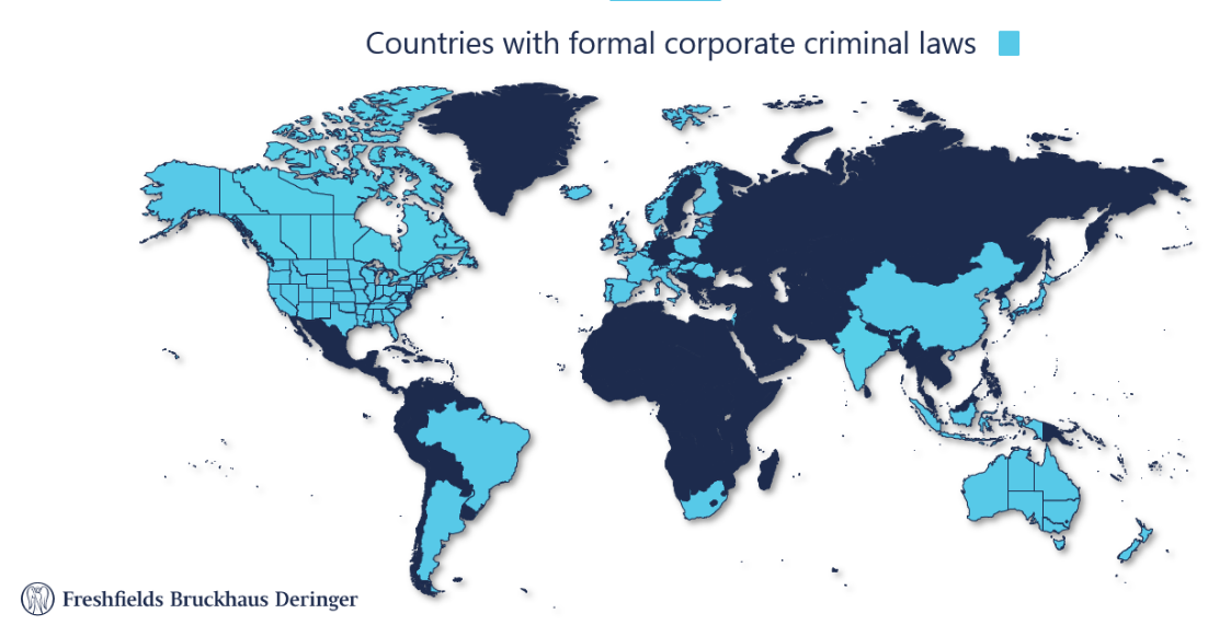 Countries with formal corporate criminal laws map graphic